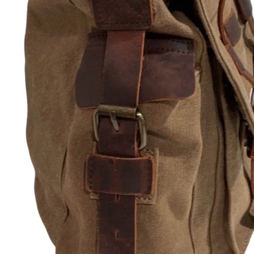 LUXUR Large Brown Canvas Messenger Bag Leather Straps